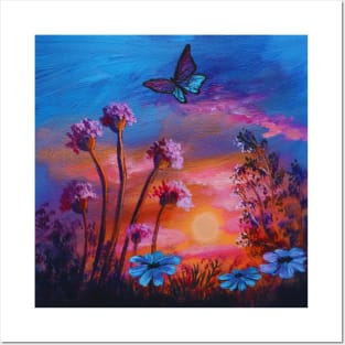 Nature Garden Flowers Botanical Butterfly Pink Orange Sunset Posters and Art